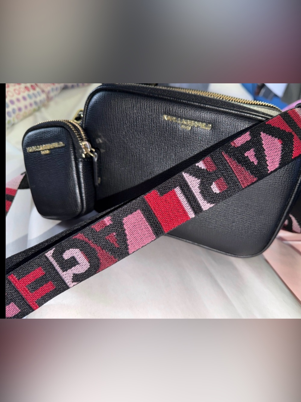 Karl Lagerfeld Black Crossbody with Pink Patterned Jacquard Strap EUC